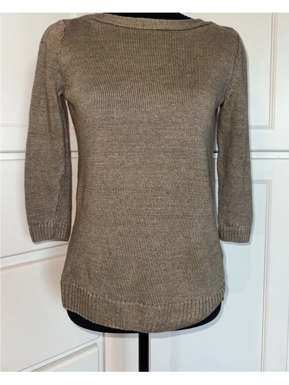 Talbots Petites 100% Linen Knit Sweater Taupe Beige 3/4 Sleeve Size P